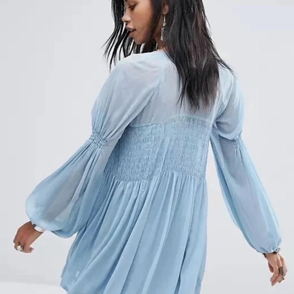 Free People Blue Lini Smocked V-Neck Tassel Boho Tunic Top Size XS